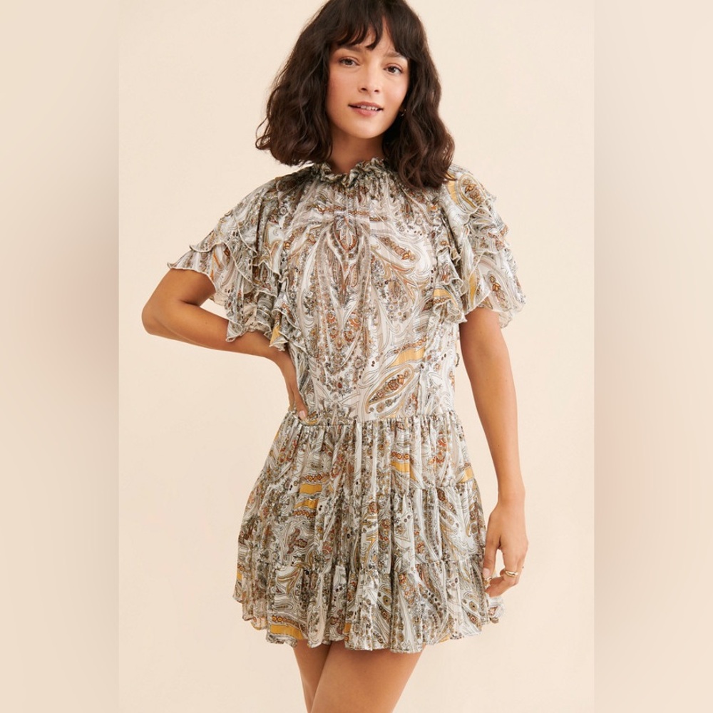 Elliat Seraphina Anthropologie Dress Ruffles Paisley Mini Ivory Small